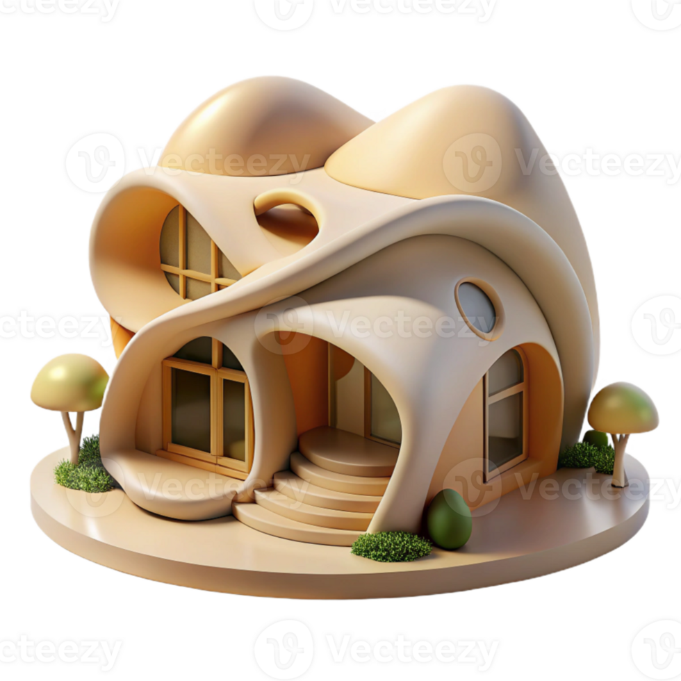 elegant artistic Organic architecture house, flowing curves, natural materials, soft diffused lighting, warm style professional png