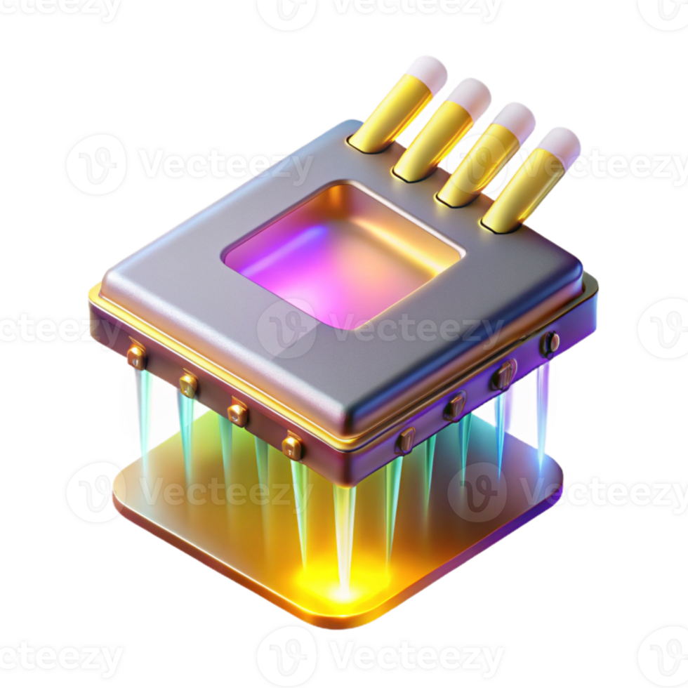 impressive abstract A single, levitating microchip emitting beams of multicolored light, intricate details visible on its surface, lit by a warm, golden light. Art Deco style authentic png