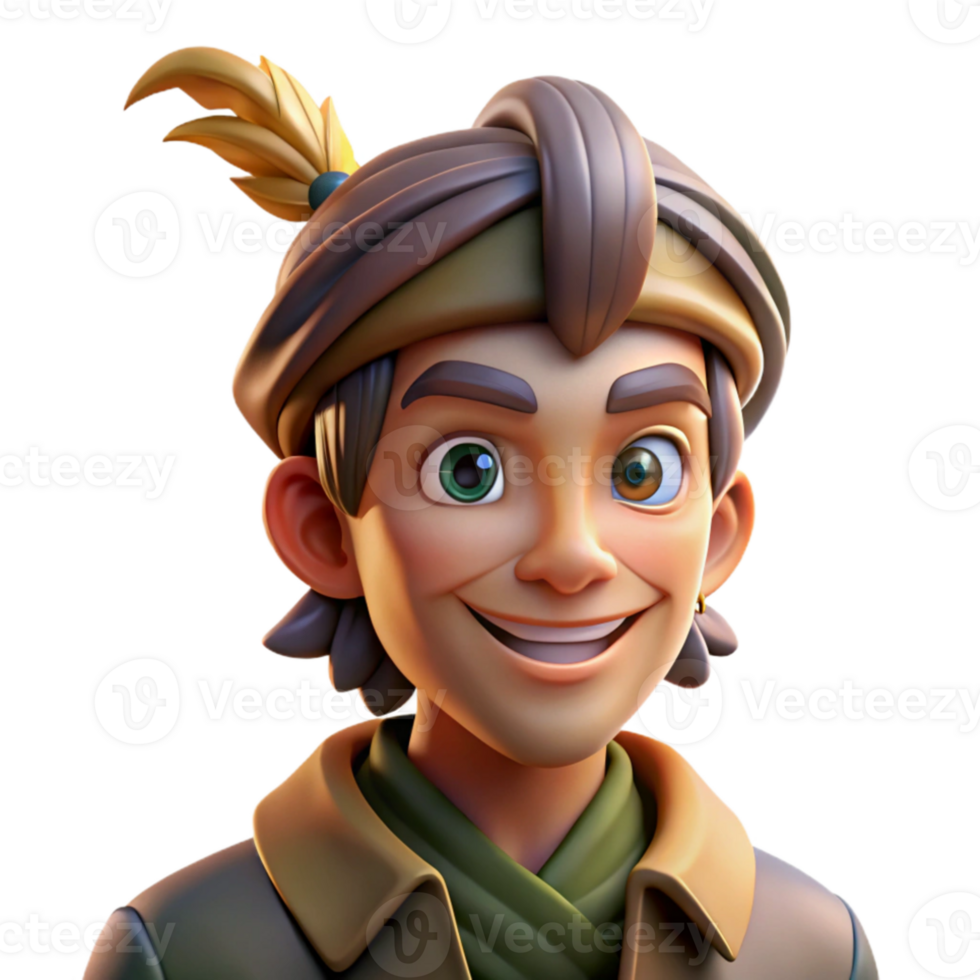 extraordinary artistic Portrait of a charming rogue with a sly grin, a mischievous twinkle in his eye, and a feathered cap, lit by dim tavern lighting detailed png