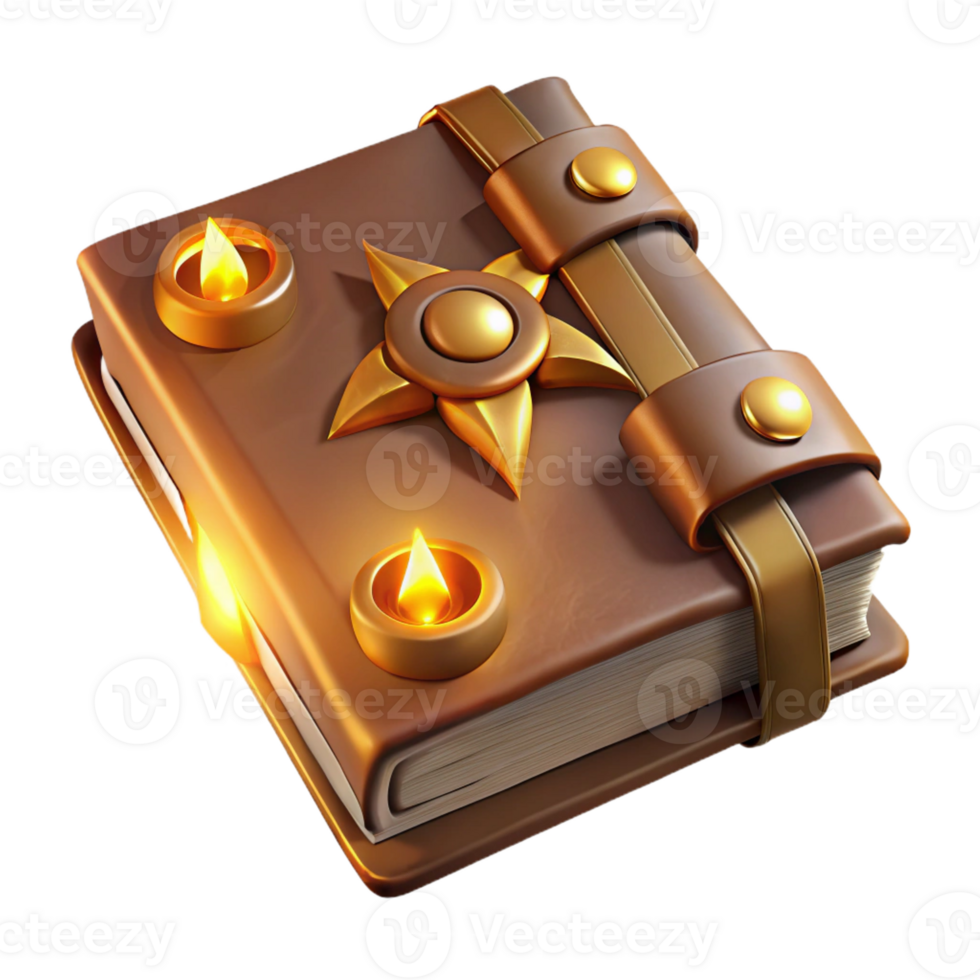 magnificent minimalist An ancient grimoire bound in worn leather, radiating golden arcane symbols, lit by flickering candlelight, in a vintage illustration style high resolution png