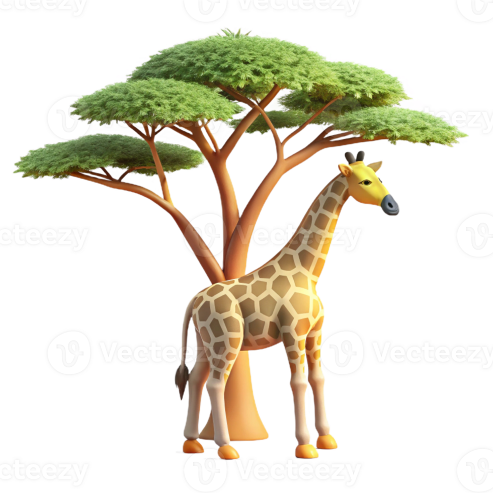 extraordinary contemporary A graceful giraffe reaching for leaves in the canopy of an acacia tree, under the warm African sun, in a vibrant, safari photography style original png