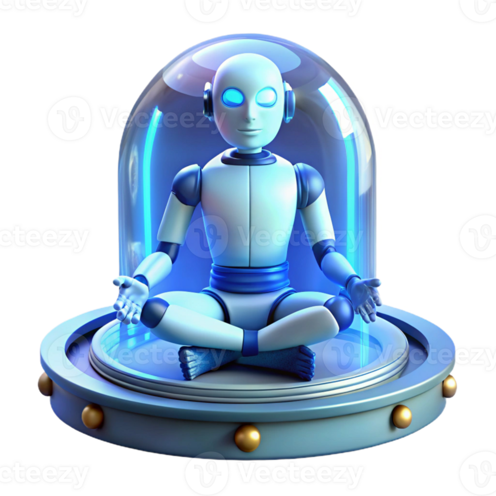 serene rustic A cyborg meditating in a zero-gravity chamber, soft blue light, serene, surreal style original png