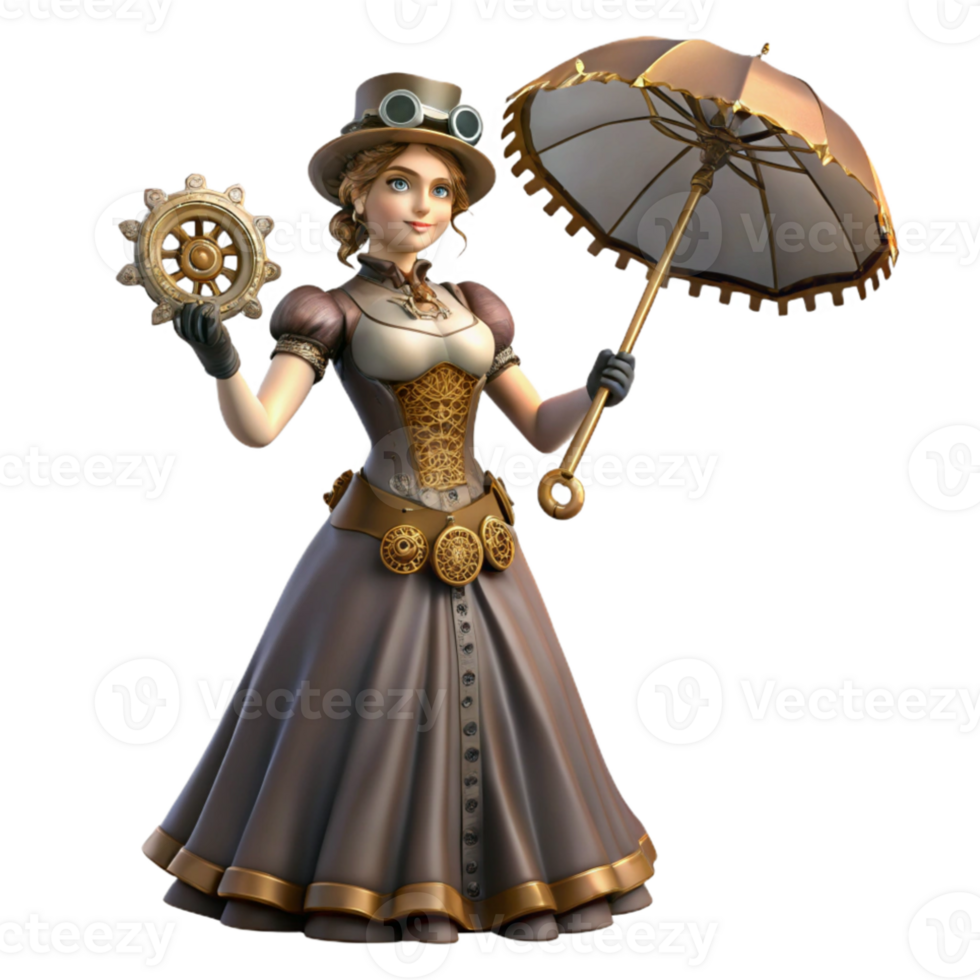 serene abstract A Victorian-era lady in a steampunk-inspired dress with intricate gears and cogs, holding a parasol. Dramatic, chiaroscuro lighting. Steampunk painting style high resolution png