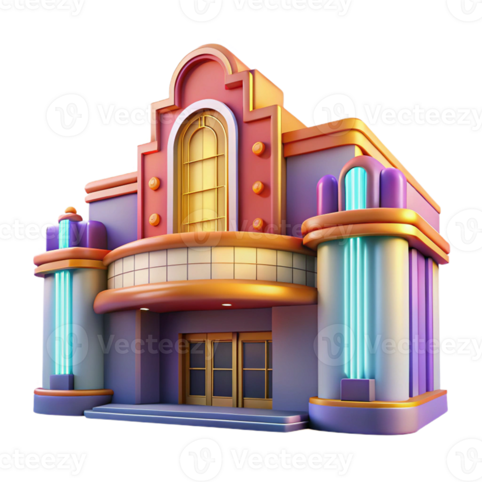extraordinary classic Art Deco cinema, neon marquee, geometric facade, night scene, cinematic lighting premium png