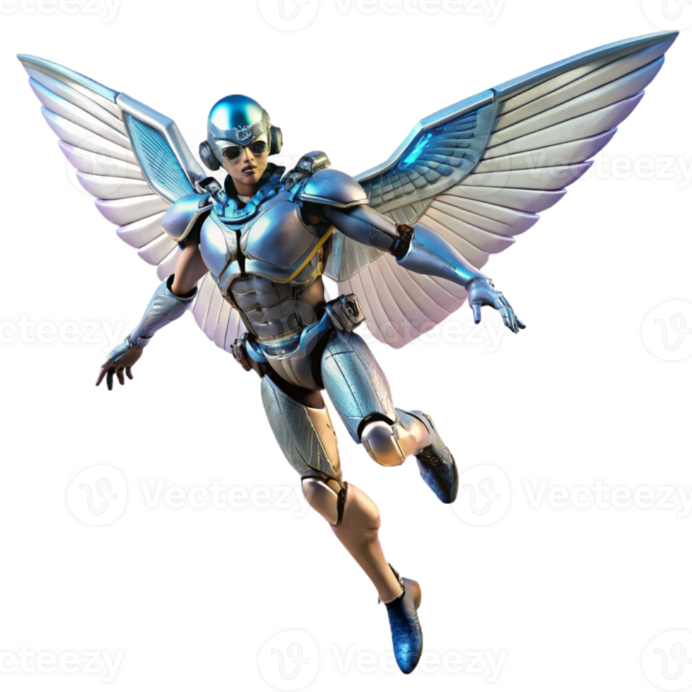 magnificent creative A cyborg with intricate mechanical wings, soaring through the air, dynamic pose, cyberpunk aesthetic high quality png