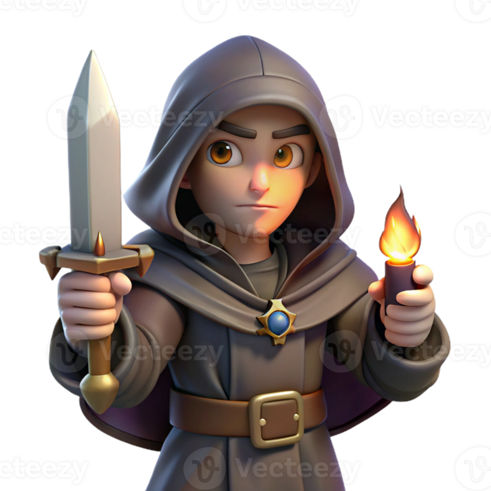 serene abstract A cunning rogue with a hooded cloak, holding a jeweled dagger, lit by a single candle. Dark fantasy art style professional png