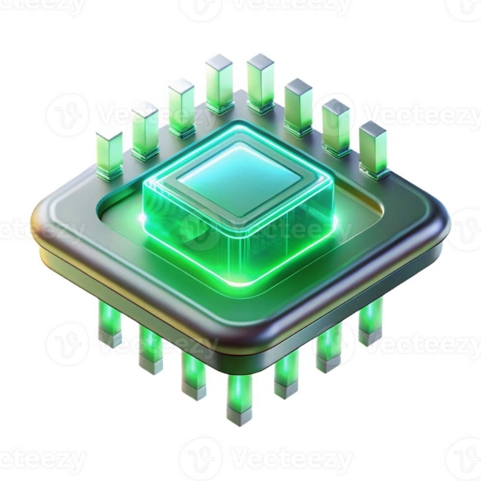 vibrant traditional A single, glowing microchip levitating, intricate circuitry visible within its transparent casing, bathed in an ethereal green light original png