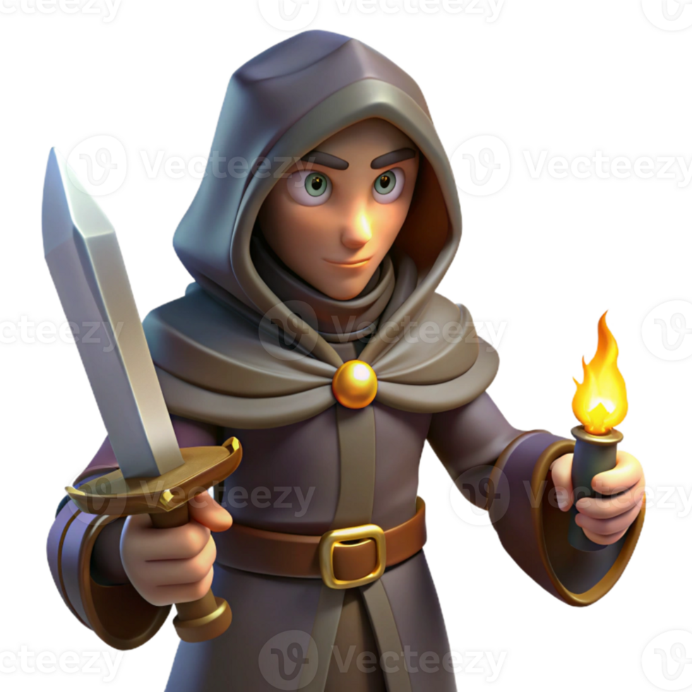beautiful classic A cunning rogue with a hooded cloak, holding a jeweled dagger, lit by a single candle. Dark fantasy art style detailed png