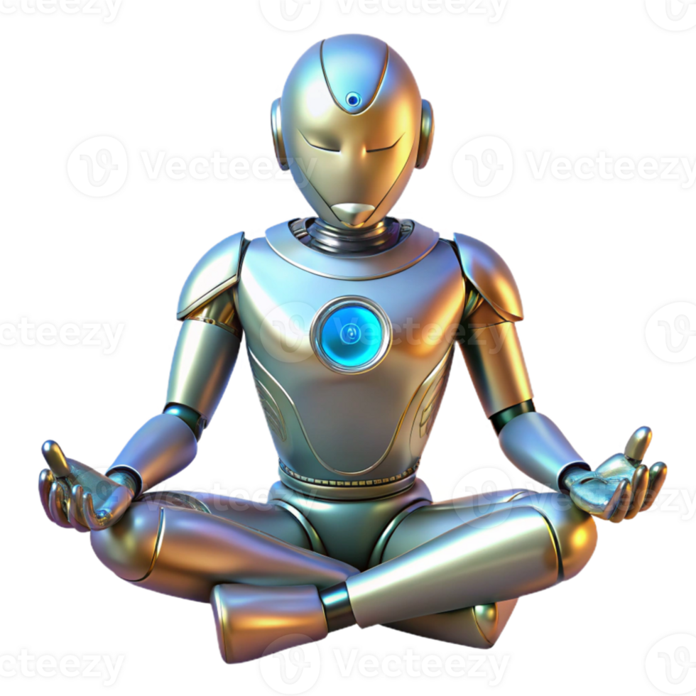 wonderful creative A humanoid robot meditating in a lotus position, metallic texture, soft lighting, spiritual and technological theme high quality png