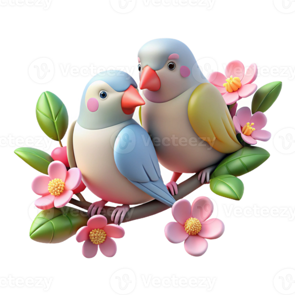 impressive rustic A pair of lovebirds perched on a flowering branch, soft, romantic lighting, vintage illustration style high resolution png
