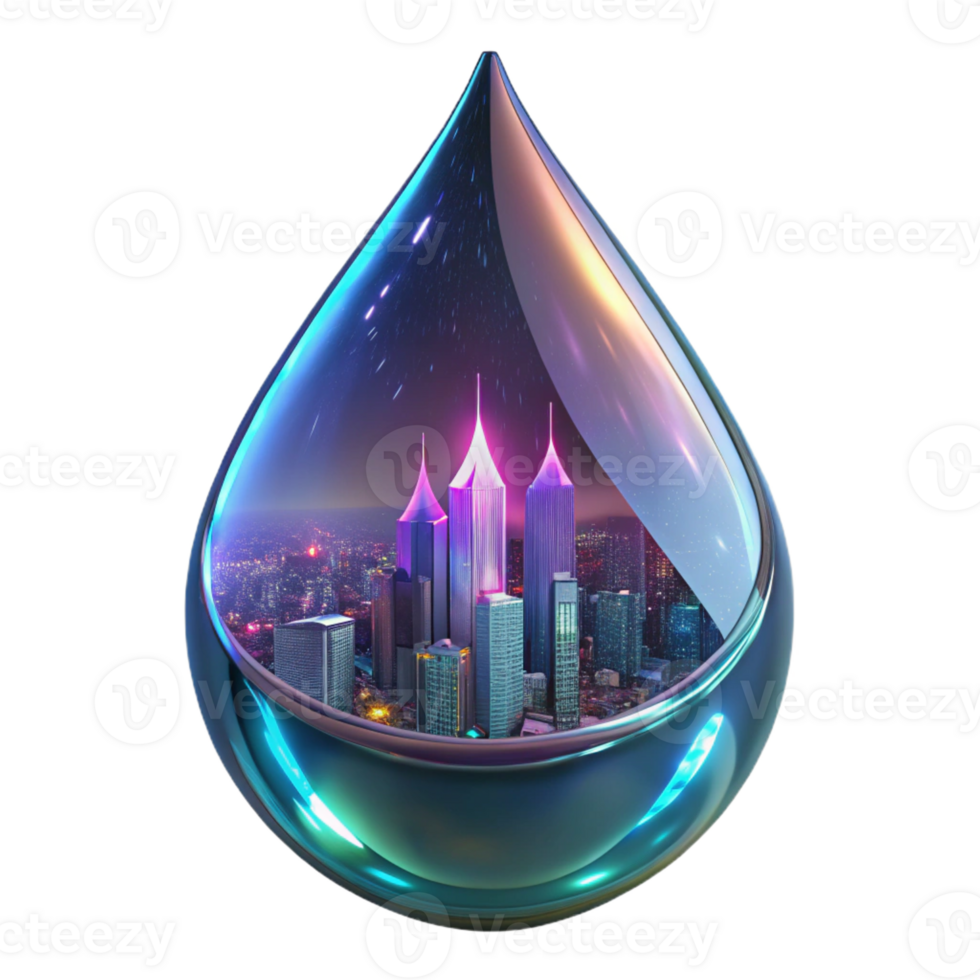 wonderful traditional A futuristic cityscape reflected in a raindrop on a window, neon lights blurring and distorting, in a cyberpunk style professional png