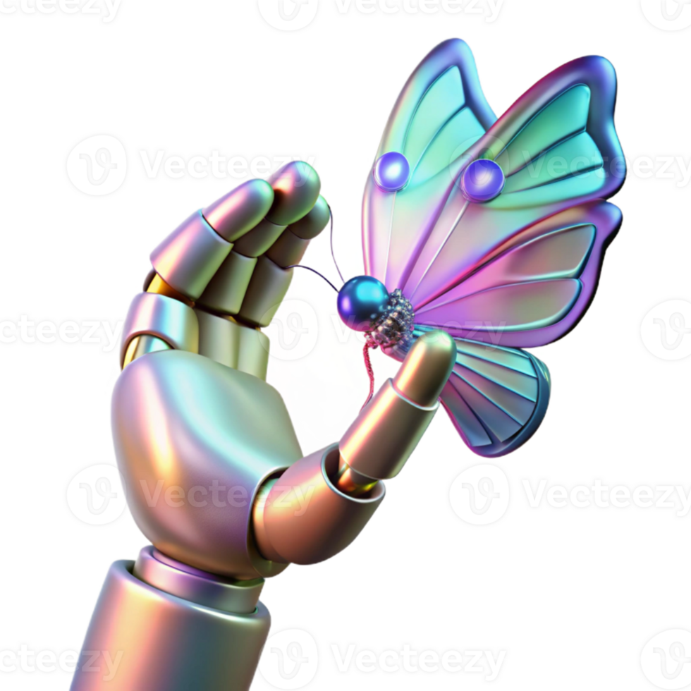 vibrant rustic A robotic hand, with intricate gears and pistons, reaches out to grasp a shimmering, holographic butterfly. Chiaroscuro lighting high resolution png