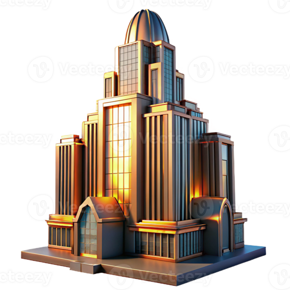 dramatic abstract Art Deco skyscraper, intricate geometric facade, chrome details, sunset lighting, volumetric lighting, cinematic style genuine png