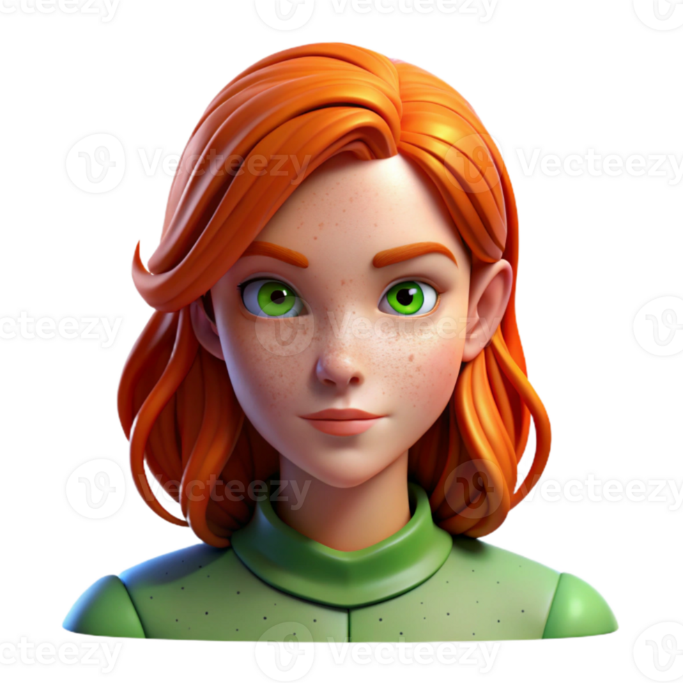 vibrant creative Portrait of a young woman with fiery red hair, freckles, and piercing green eyes, lit by a soft Rembrandt light, painted in the style of pre-raphaelite art high quality png