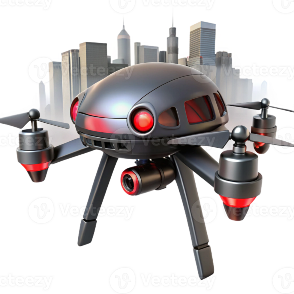 beautiful abstract A futuristic drone, with sleek, aerodynamic design and glowing red eyes, patrols a desolate cityscape. Cyberpunk style authentic png