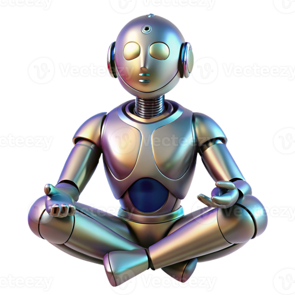 wonderful modern A humanoid robot meditating in a lotus position, metallic texture, soft lighting, spiritual and technological theme authentic png
