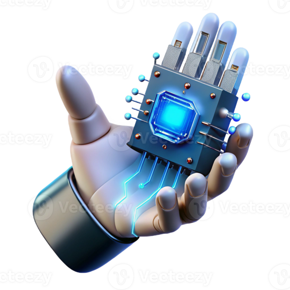 vibrant modern A close-up of a cybernetic hand holding a glowing data chip, intricate wiring and metallic components visible, lit by a cool blue light authentic png