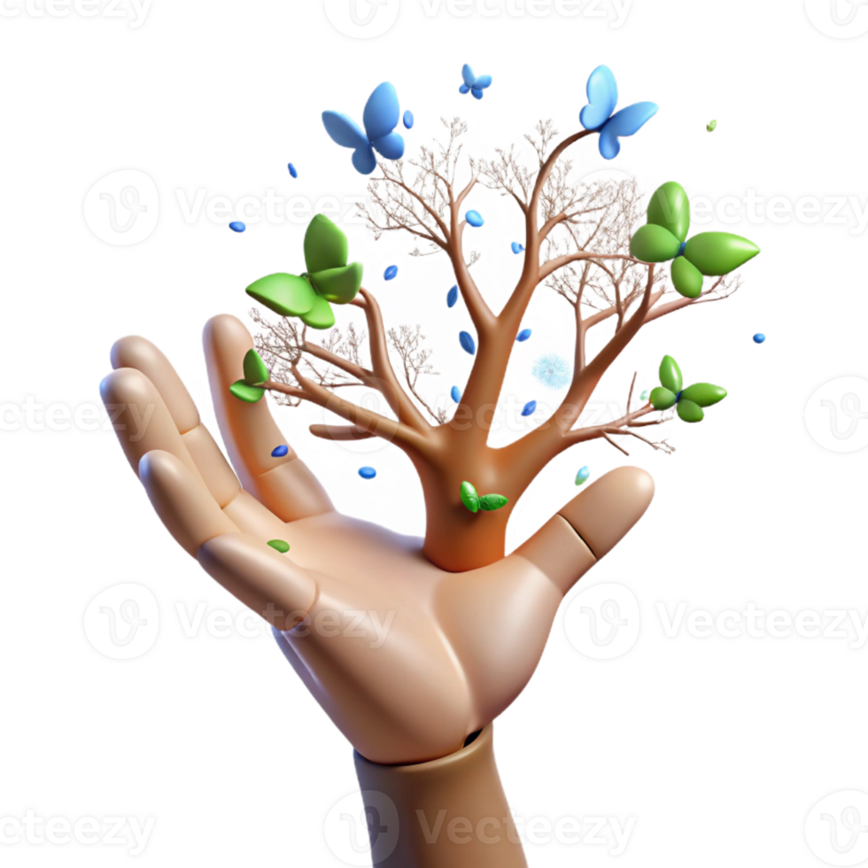 stunning abstract A human hand transforming into a tree with branches of light and leaves of butterflies, in a surrealist style, premium png