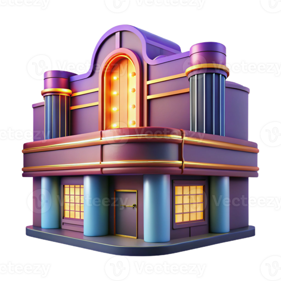 extraordinary creative Art Deco cinema, neon marquee, geometric facade, night scene, cinematic lighting high resolution png