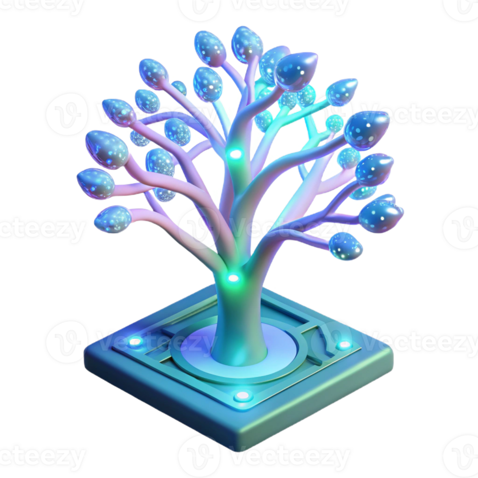 magnificent minimalist A bioluminescent tree growing from a circuit board, branches glowing with an ethereal light, in a surreal, dreamy style premium png