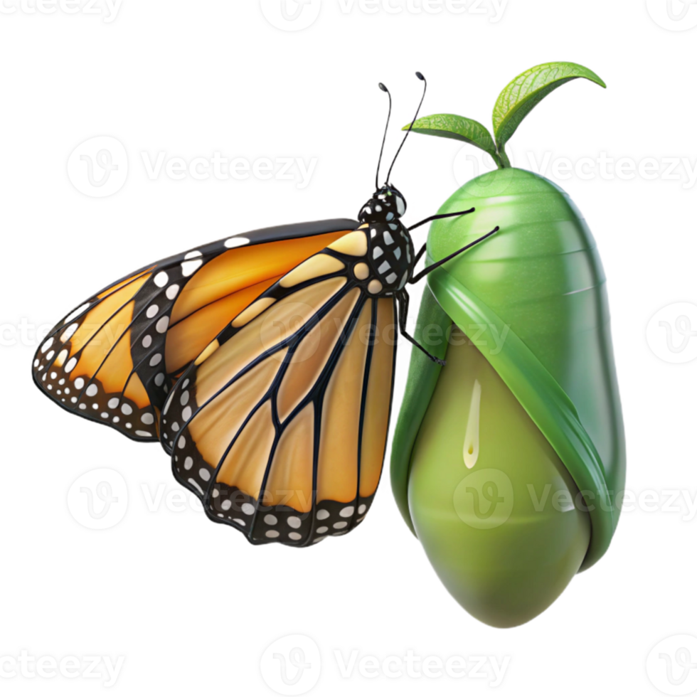 impressive modern A monarch butterfly emerging from its chrysalis, soft focused background, macro photography style detailed png