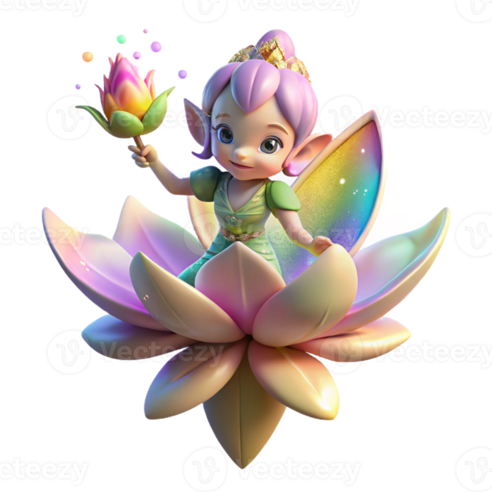 beautiful contemporary A playful pixie, with wings of iridescent gossamer, sprinkling magical dust onto a blooming lotus flower, lit by a rainbow of light. Fantasy art style premium png
