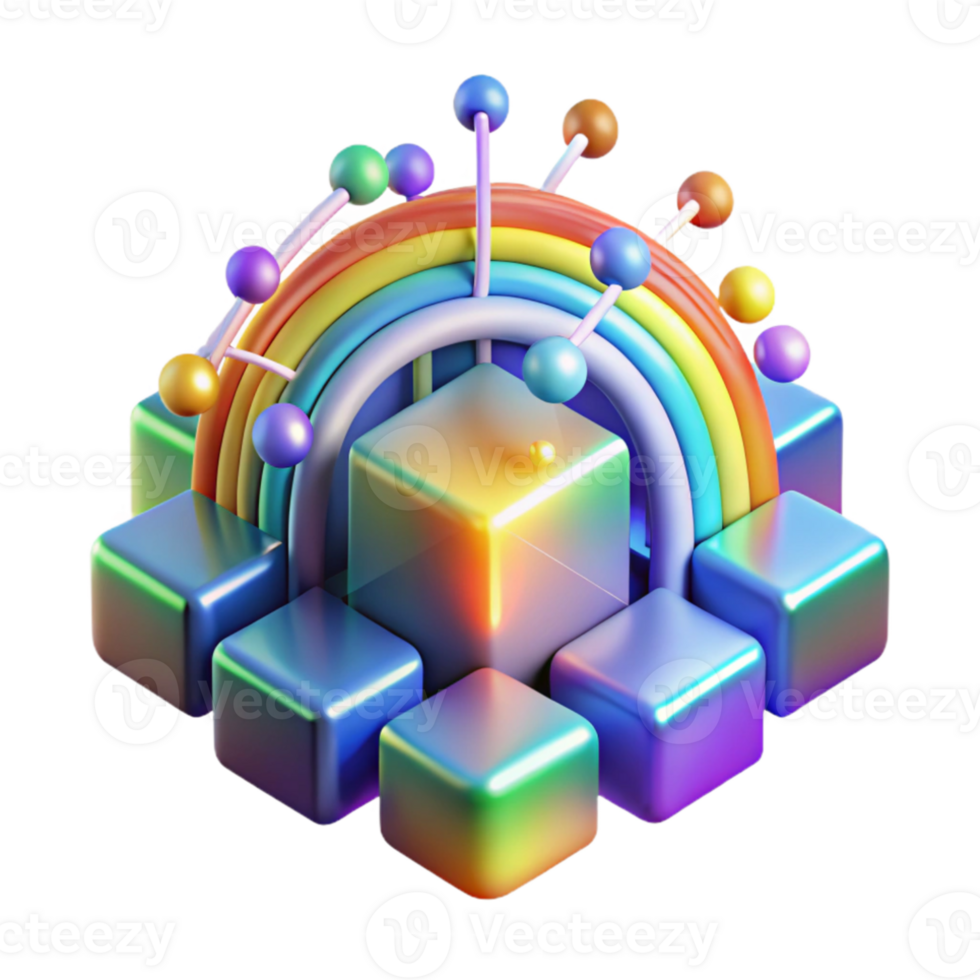 stunning vintage A stylized representation of a digital world, composed of pixels and glowing data streams, lit by a vibrant, rainbow-colored light. Abstract style high resolution png