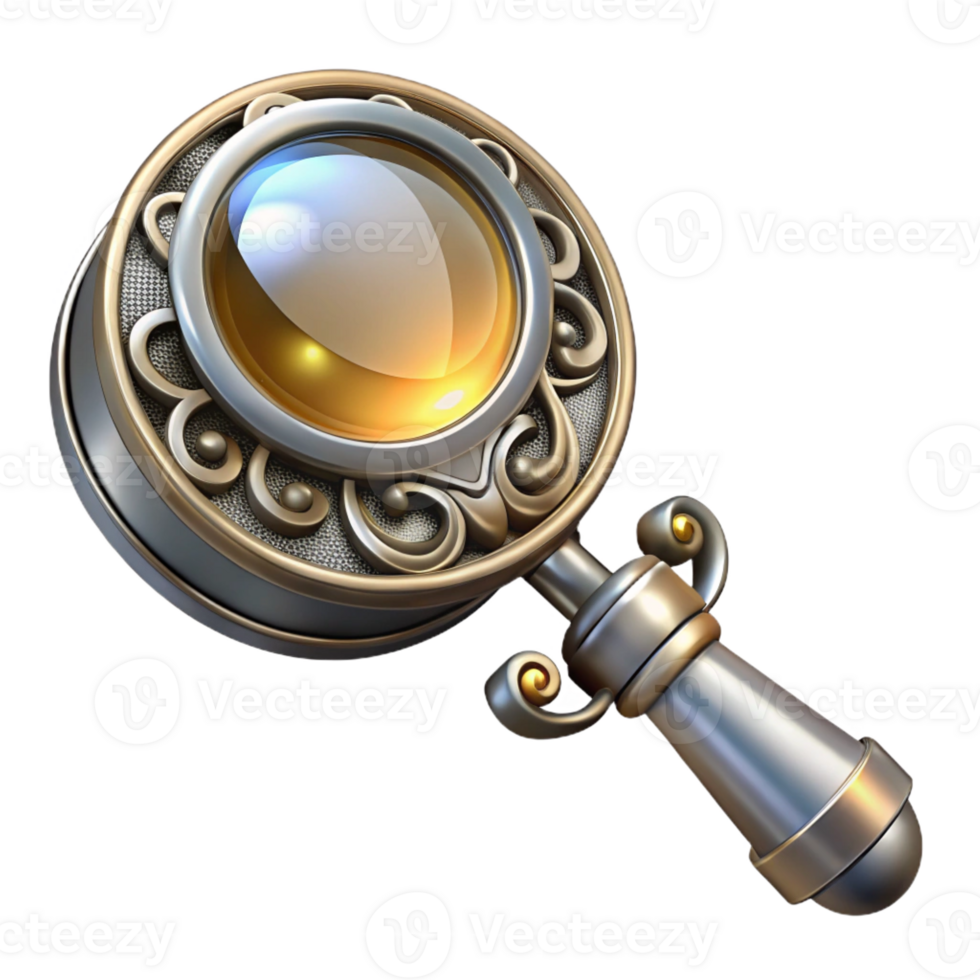 beautiful vintage A steampunk monocle, with a magnifying glass and intricate filigree design, made of polished silver, lit by a sharp, directional light original png