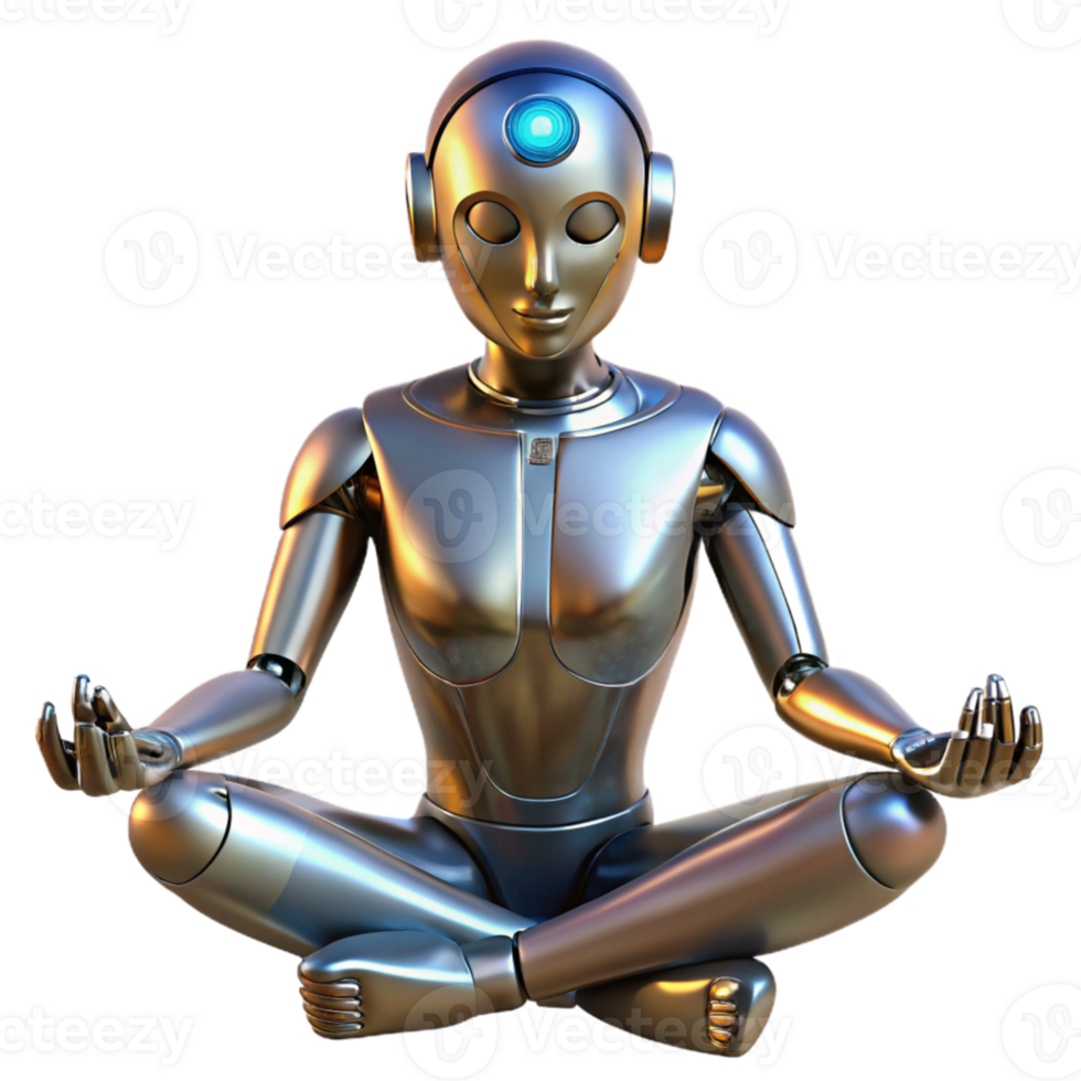 wonderful artistic A humanoid robot meditating in a lotus position, metallic texture, soft lighting, spiritual and technological theme premium png