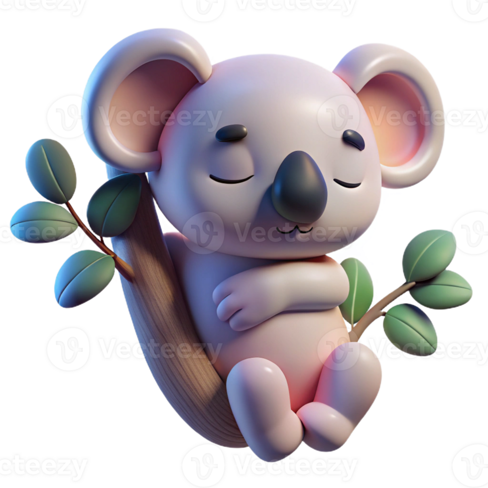 elegant rustic A sleepy koala hugging a eucalyptus tree branch, bathed in soft, twilight light, illustrated in a gentle, pastel cartoon style premium png