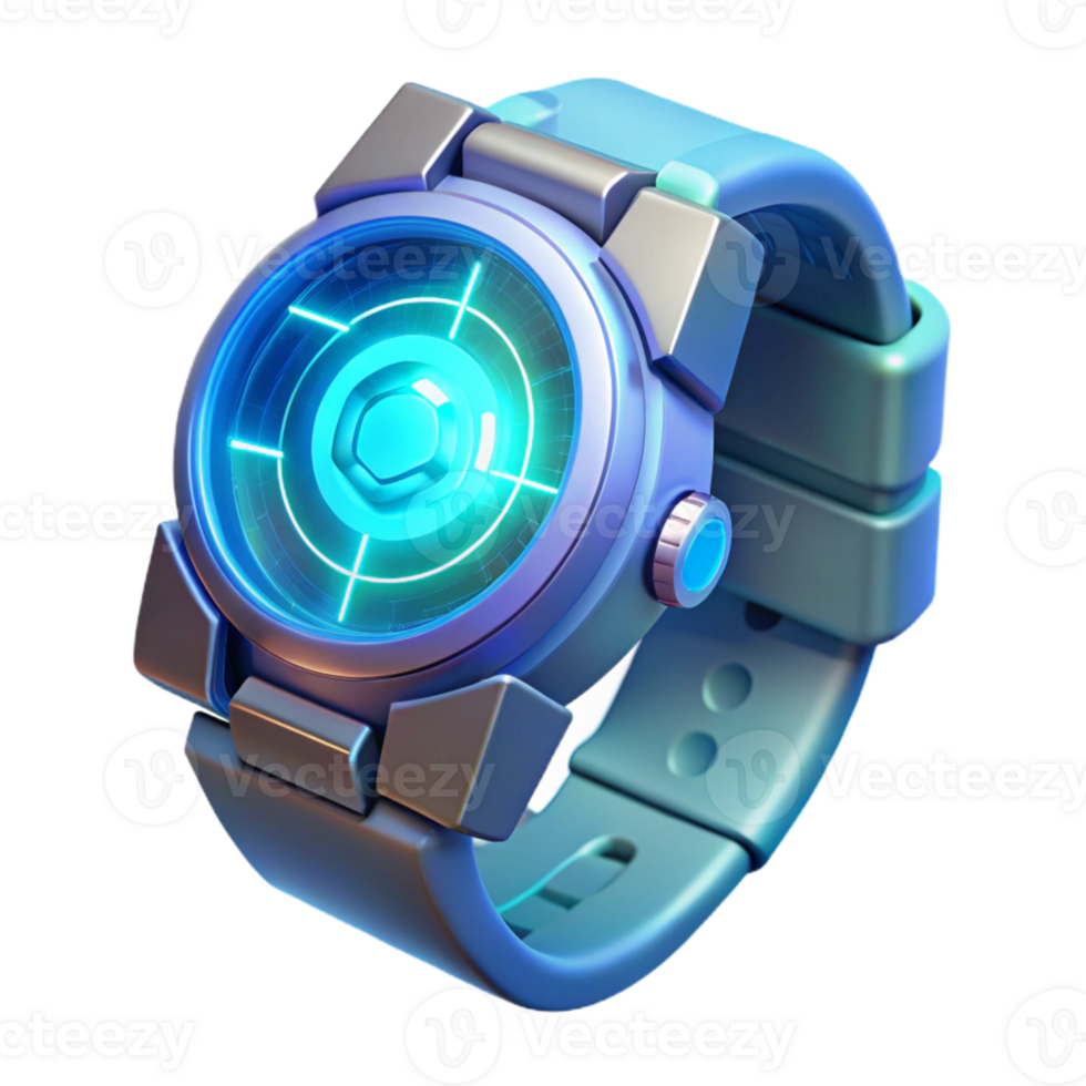 serene minimalist A futuristic wristwatch displaying holographic information, intricate details and glowing icons visible, lit by a soft blue light. Sci-Fi style genuine png