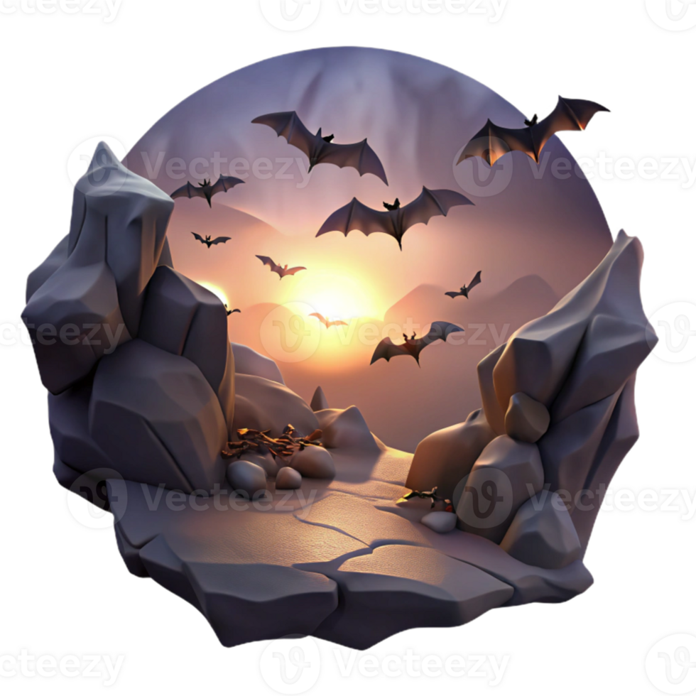impressive contemporary A colony of bats flying out of a cave at dusk, silhouetted against the twilight sky, dark and atmospheric style detailed png