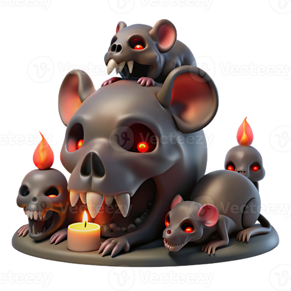magnificent classic A swarm of rats with glowing red eyes gnawing on a human skull, in a dark, damp cellar, lit by a single torch. Gothic horror style premium png