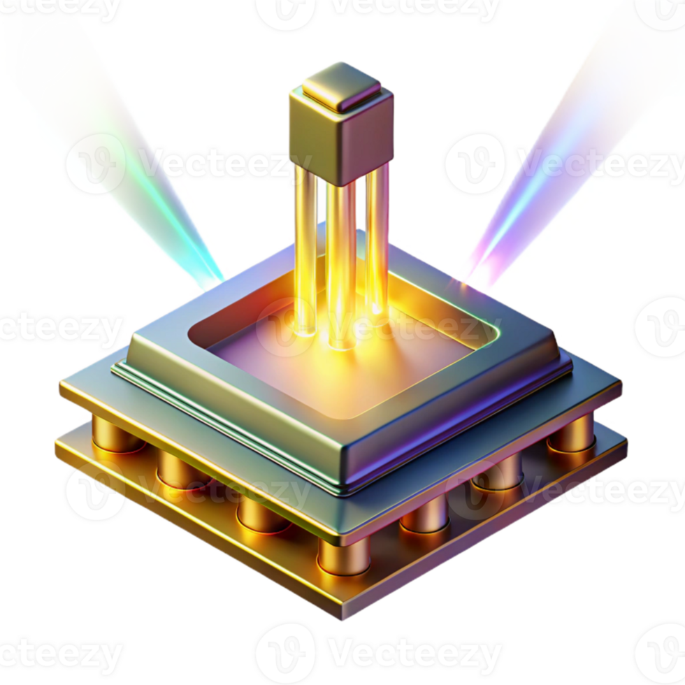 elegant modern A single, levitating microchip emitting beams of multicolored light, intricate details visible on its surface, lit by a warm, golden light. Art Deco style detailed png