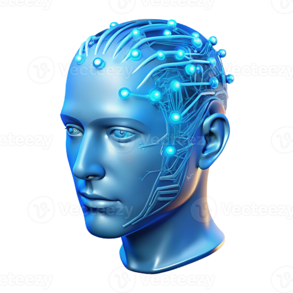 wonderful vintage A transparent human head with visible circuitry and data streams flowing through the brain, illuminated by a cool blue light. Cyberpunk style detailed png