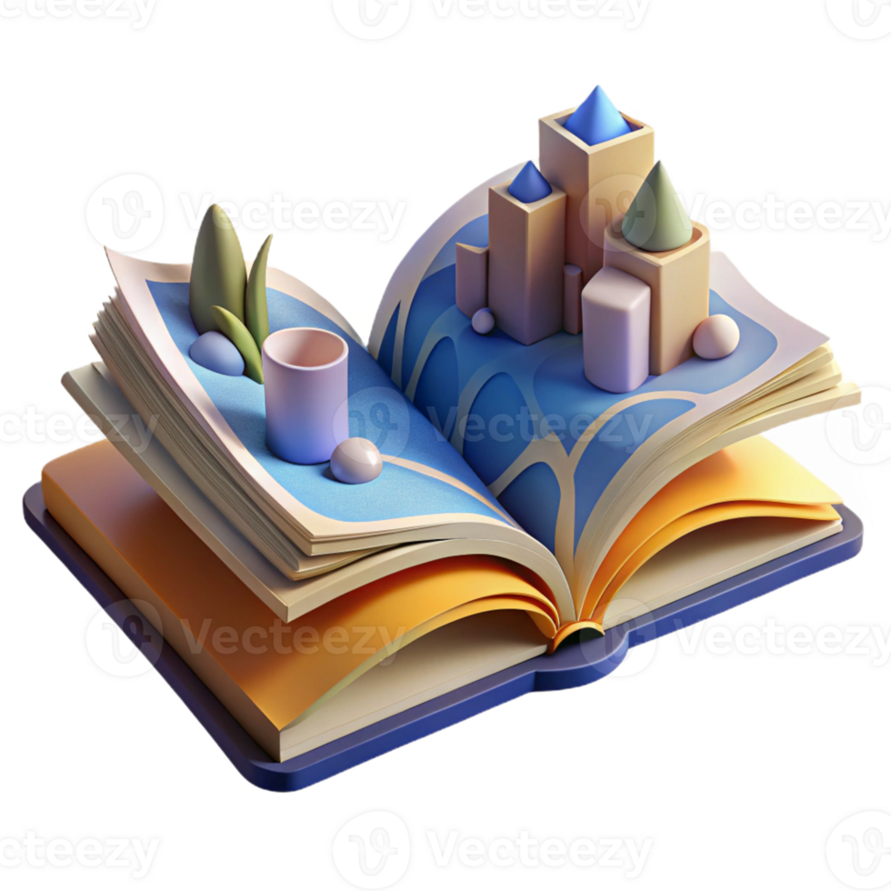 beautiful abstract A giant, open book with pages turning themselves, revealing surreal landscapes. Fantasy art style professional png