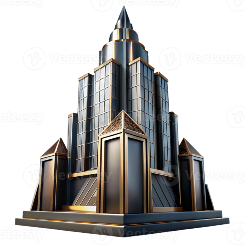 beautiful vintage Art Deco skyscraper, chrome and black glass, sharp geometric patterns, volumetric lighting, high contrast, cinematic angle high resolution png