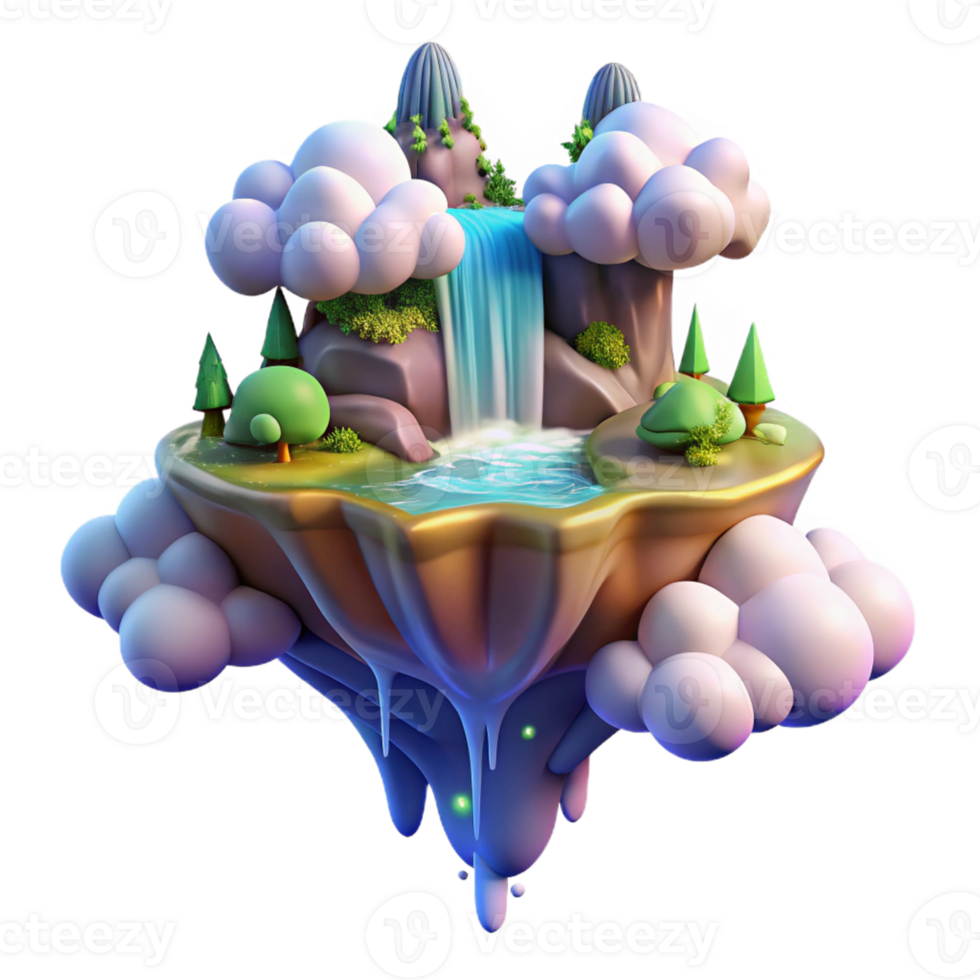 extraordinary traditional A floating island surrounded by swirling clouds and waterfalls of light, vibrant colors, fantasy art style high resolution png