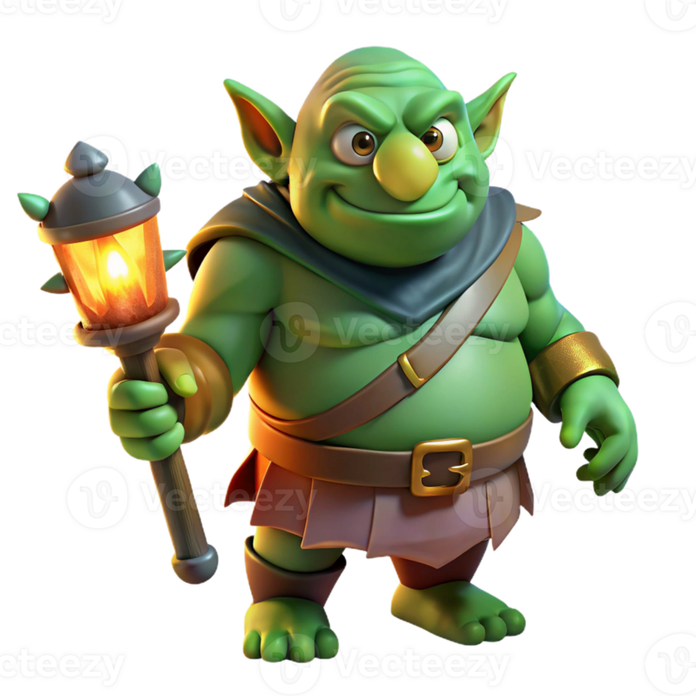 serene minimalist A grumpy, green ogre wearing a tattered tunic and holding a club, illuminated by flickering torchlight, drawn in a Dreamworks style authentic png