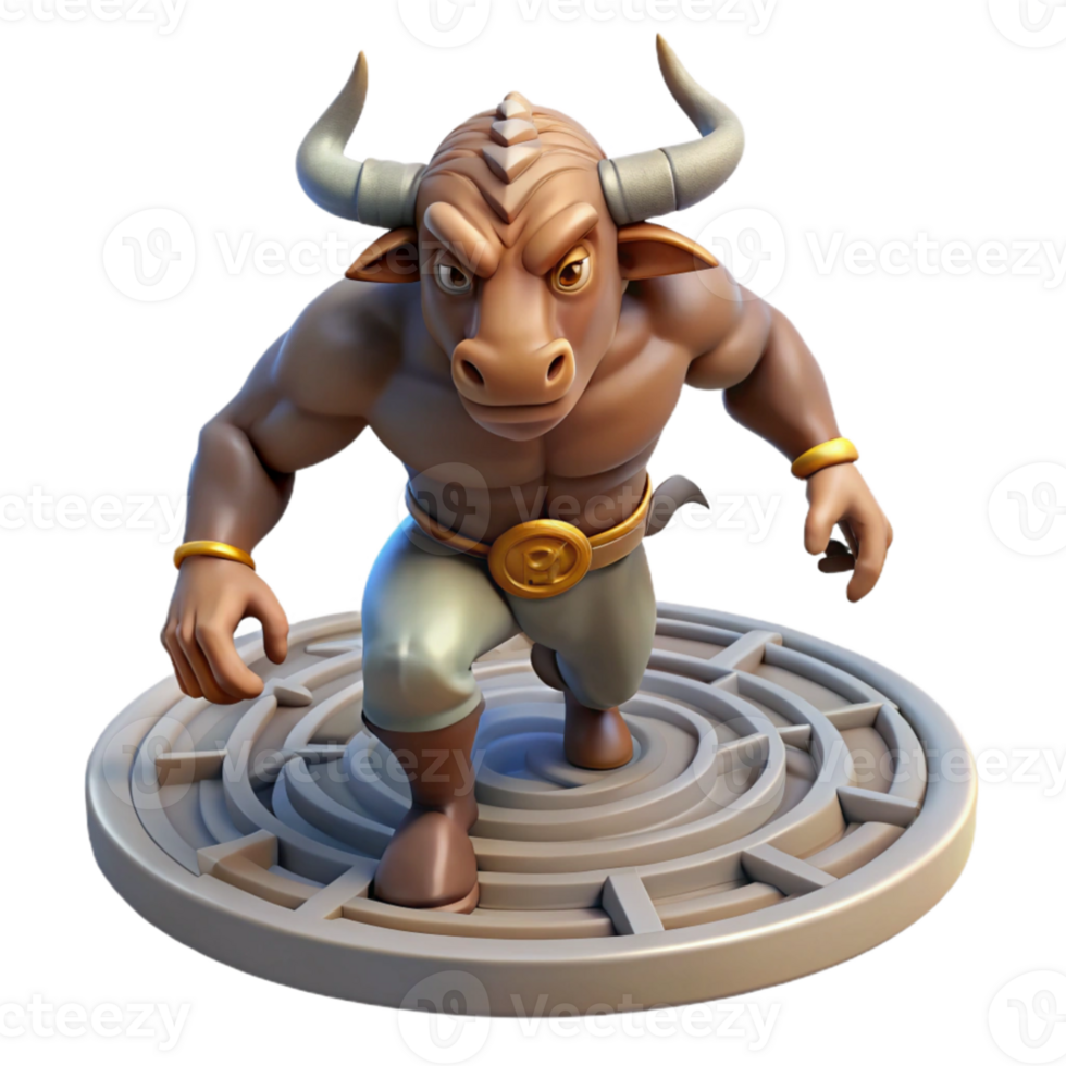 elegant contemporary A fierce minotaur with the head of a bull and the body of a man, charging through a labyrinth. Dark fantasy art style 4K png