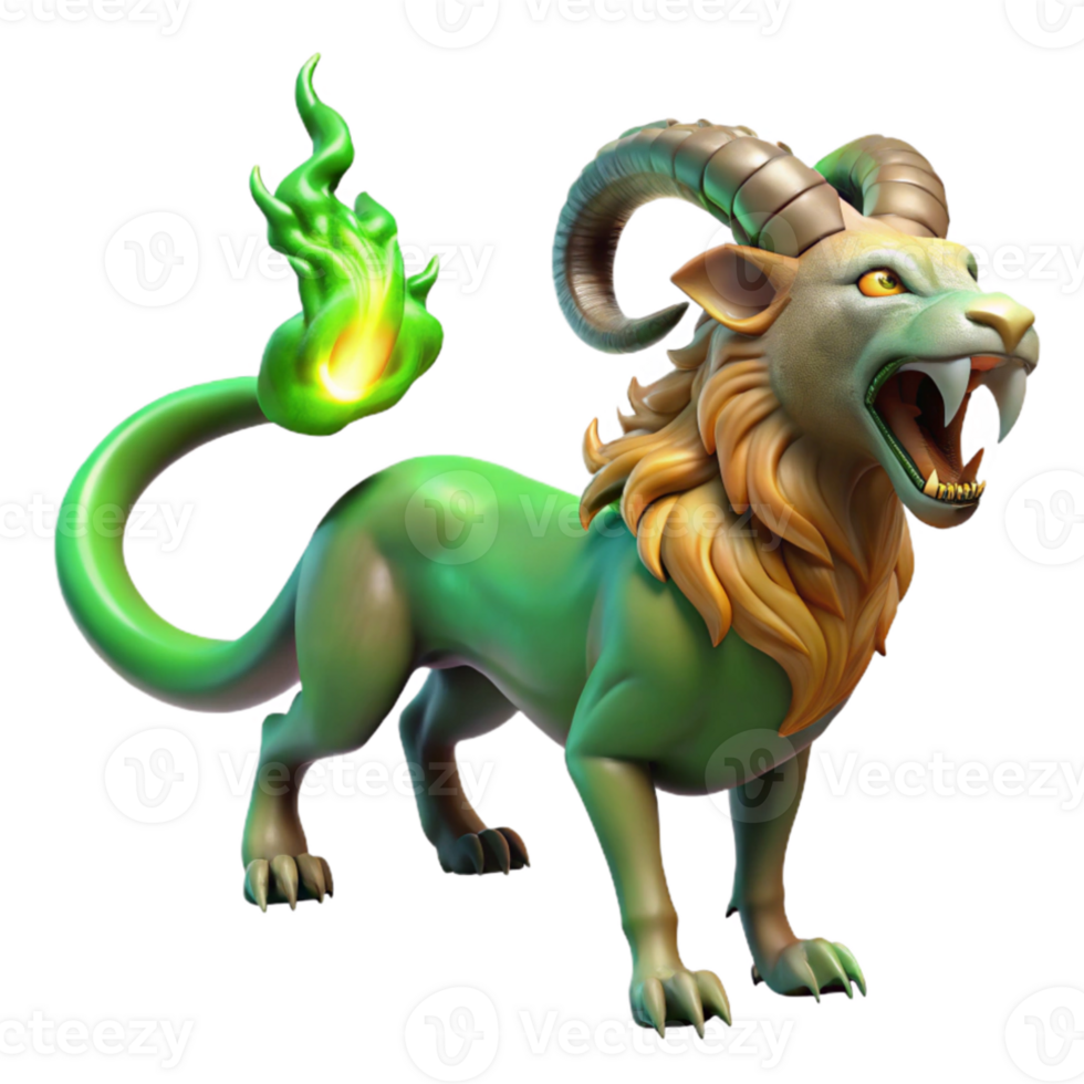 elegant contemporary A chimera, a creature composed of a lion, goat, and serpent, breathing a plume of emerald fire, dramatic backlighting, surrealist style professional png