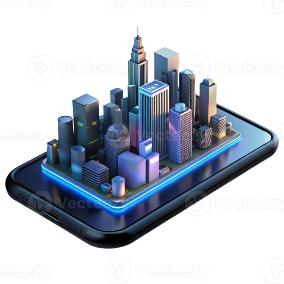 impressive abstract A futuristic city skyline reflected in a sleek, black smartphone screen, illuminated by the city lights, in a realistic style original png