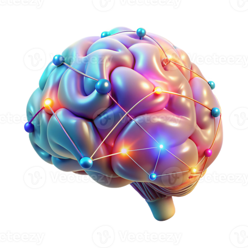 vibrant artistic A holographic projection of a human brain with neural networks firing, illuminated by pulsating, multi-colored lights. Neuroscience, data visualization style original png