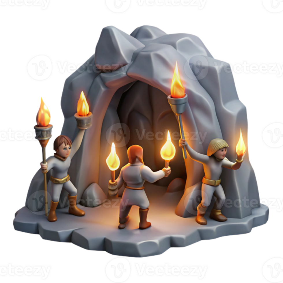 dramatic contemporary A group of adventurers exploring a dark cave, carrying torches, lit by the flickering flames. Classic fantasy, realistic style high quality png