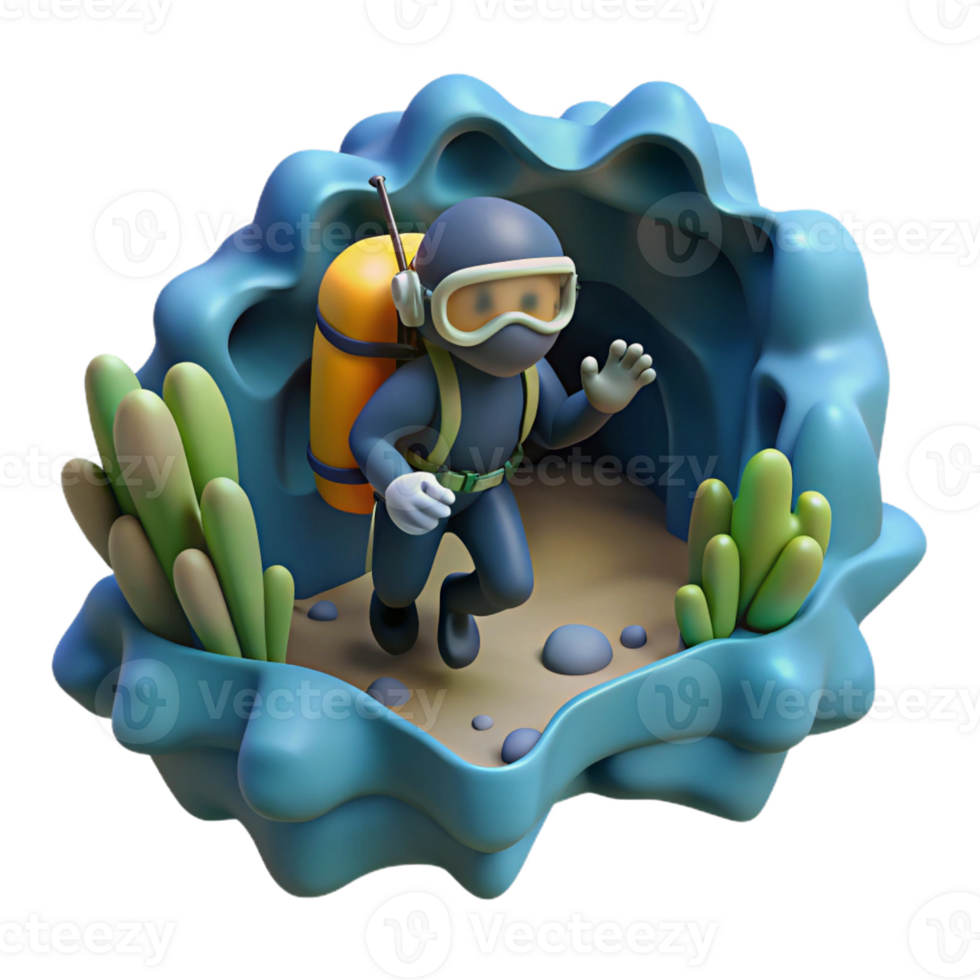 serene minimalist A diver exploring a submerged cave, adventurous, exploration photography style high resolution png