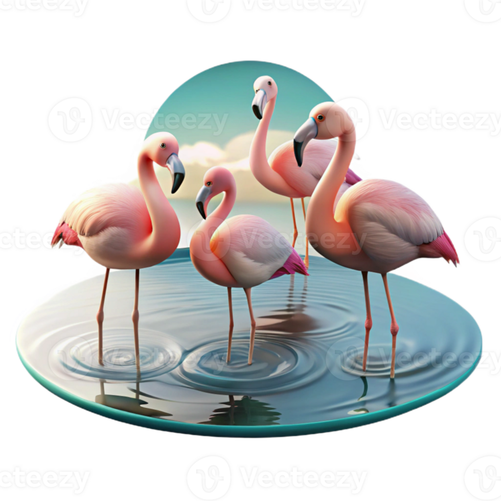 serene minimalist A group of flamingos wading in a shallow lake, with their reflections shimmering in the water, under a soft, pastel sky, in a graceful, nature photography style premium png