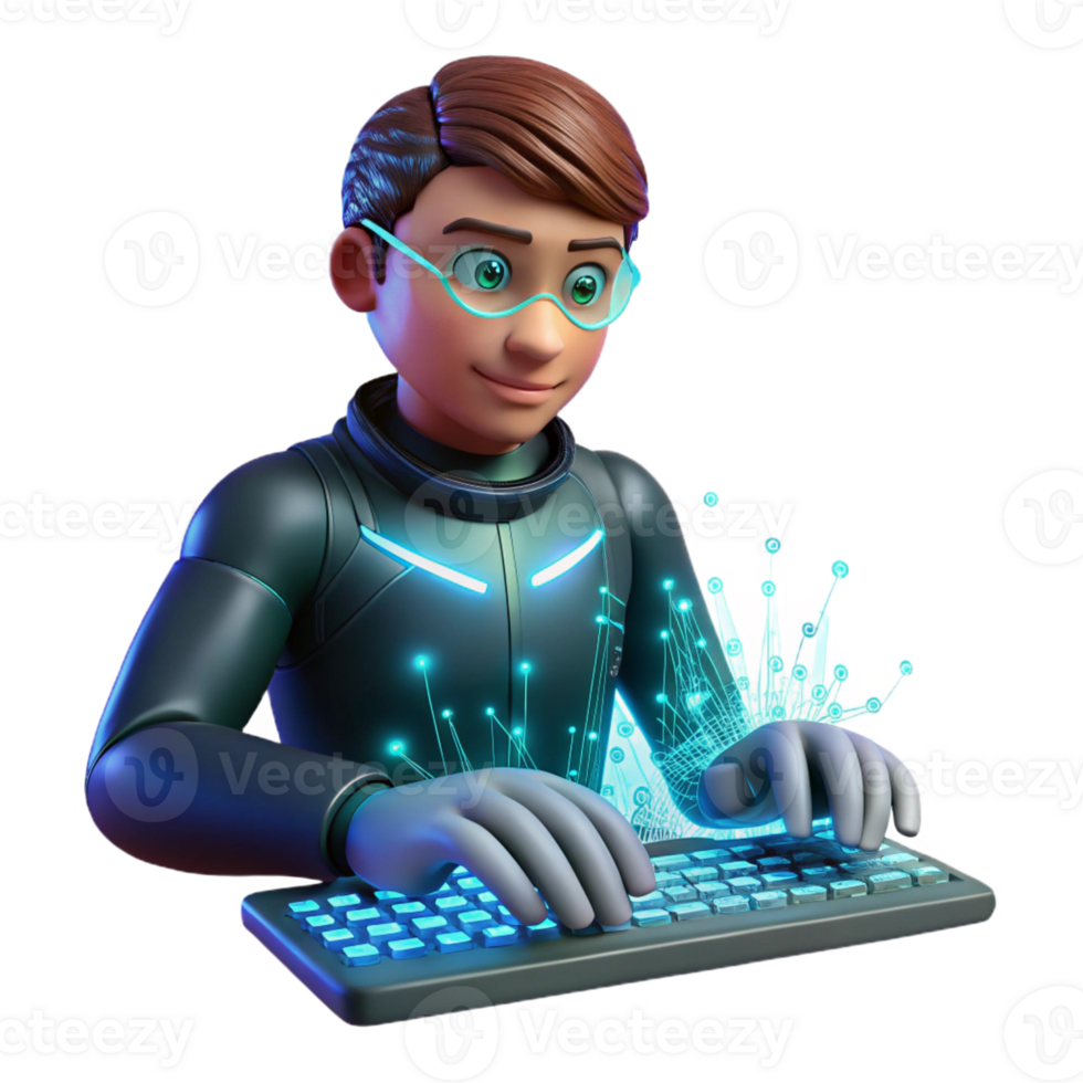 elegant modern A young hacker with glowing data streams projected onto their face, fingers flying across a holographic keyboard, immersed in the digital world detailed png