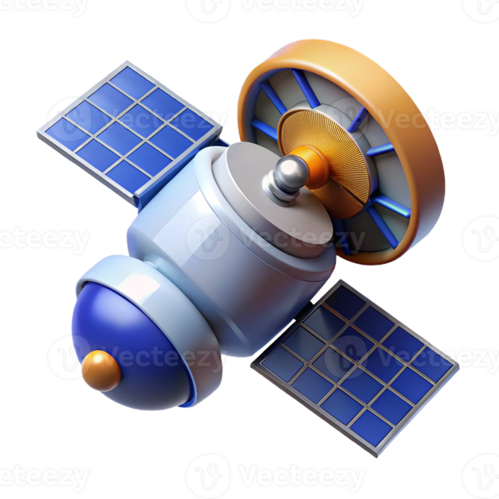 serene modern A satellite orbiting the Earth, detailed solar panels and antennae, dark space background, photorealistic style professional png