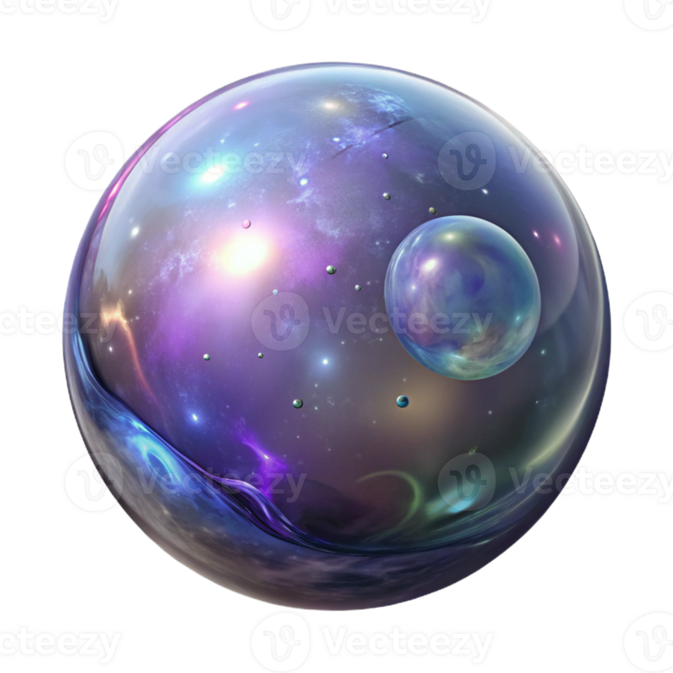extraordinary minimalist A giant, iridescent bubble filled with swirling galaxies and nebulae, in a cosmic art style, authentic png