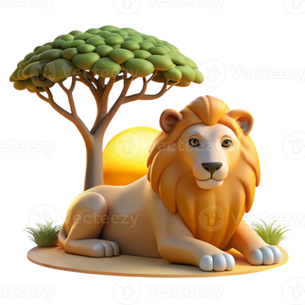 magnificent minimalist A regal lion pride resting beneath the shade of an acacia tree, golden hour lighting, National Geographic style exclusive png